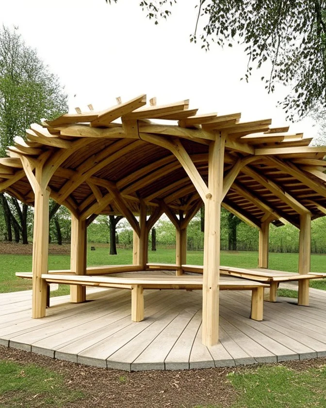 unique wooden pavillion with benches for park