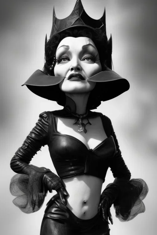 Marlene Dietrich as evil queen in black leather, leather, busty, cleavage, angry, stern look. character design by cory loftis, fenghua zhong, ryohei hase, ismail inceoglu and ruan jia. unreal engine 5, artistic lighting, highly detailed, photorealistic, fantasy