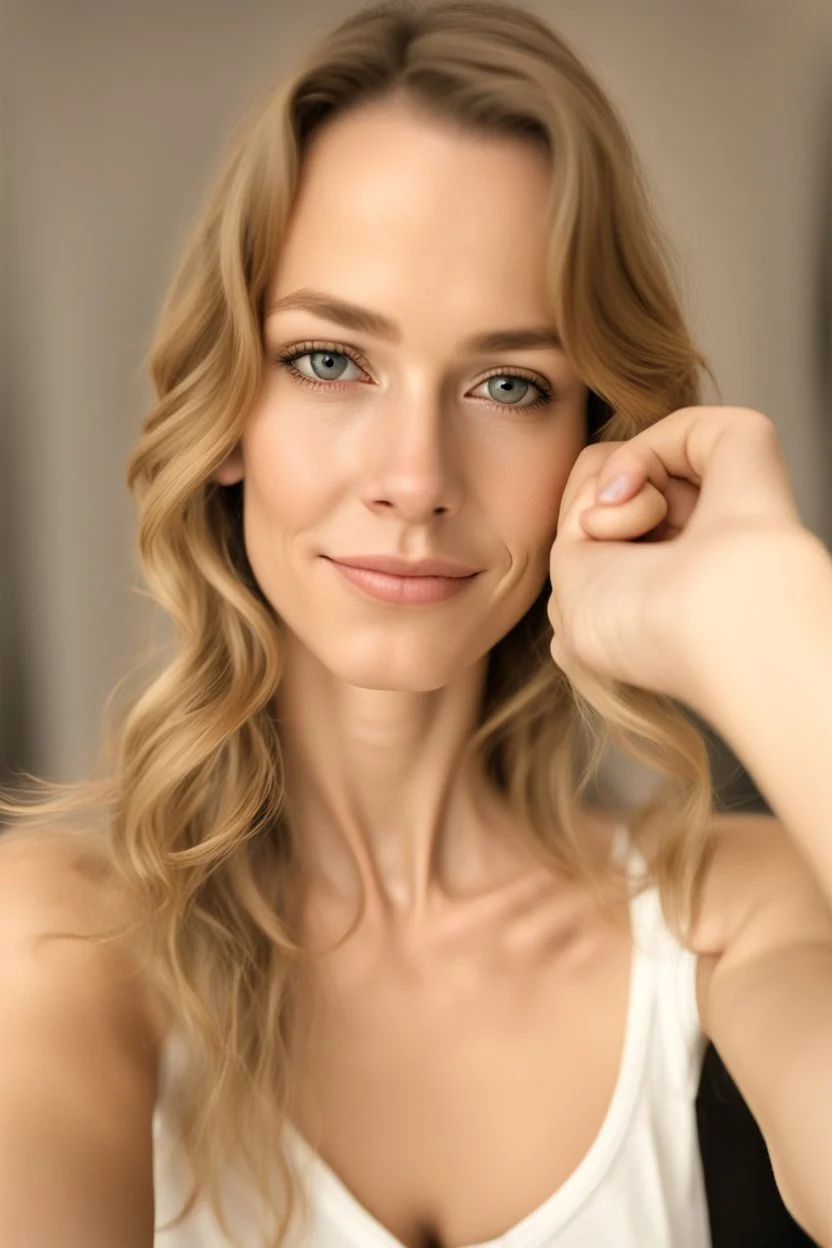 A selfie of a woman, middle blond hair, showing a 31-year-old European woman. She has brown hair, face without makeup, cute nose, detailed full lips, skin texture. Natural lighting and low contrast. Face framed.