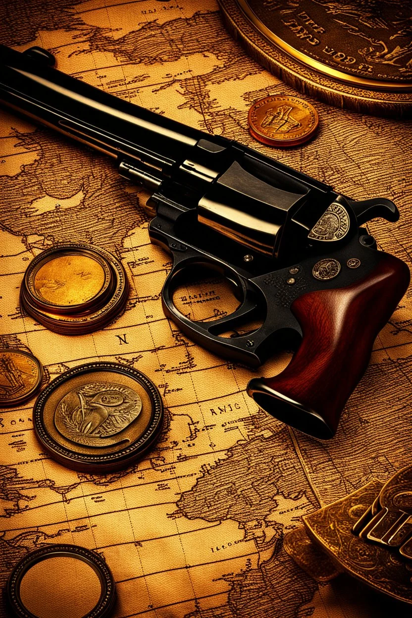 Ultra hyper photo realistic wild west pistol on old map with magnifying class and gold coins, highly detailed