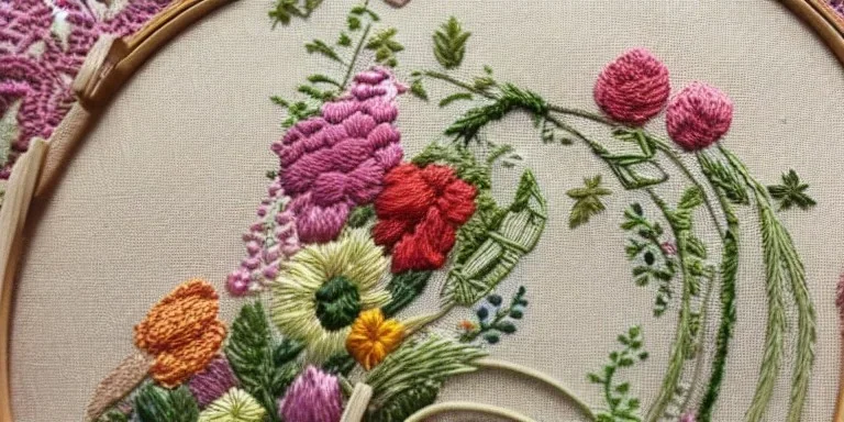 exquisite whimsical garden in embroidery hoop, intricate, highly detailed, linen and wood backdrop