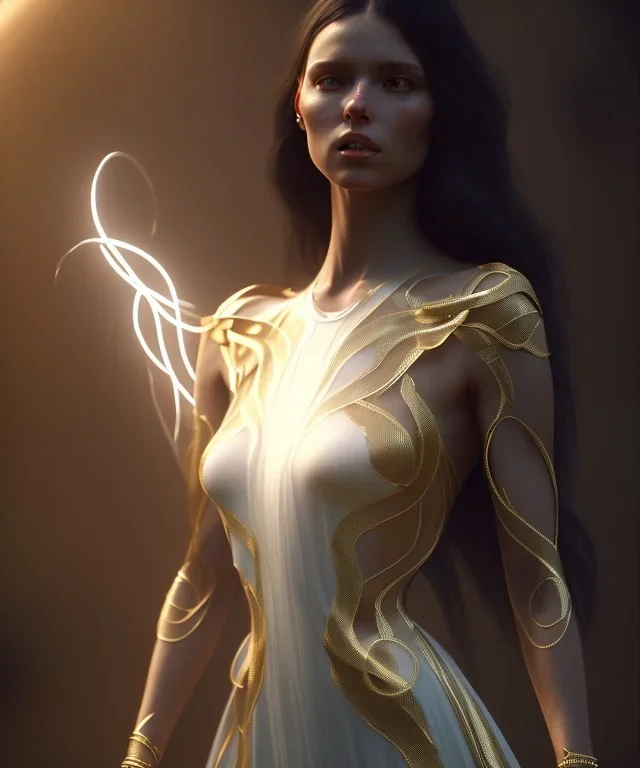 Holy Virgin, celestial light, beautiful, long fabric dress, beautiful long black hair to the waist, snake around body, head and shoulders portrait, 8k resolution concept art portrait by Greg Rutkowski, Unreal Engine 5 volumetric lighting