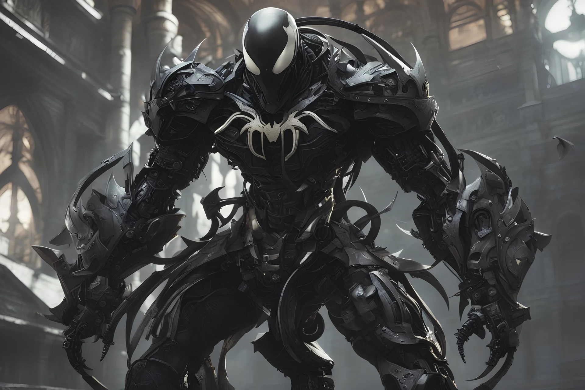 Venom machine in nier automata artstyle, halloween them, , close picture, fantasy world, intricate details, highly detailed, high details, detailed portrait, masterpiece,ultra detailed, ultra quality