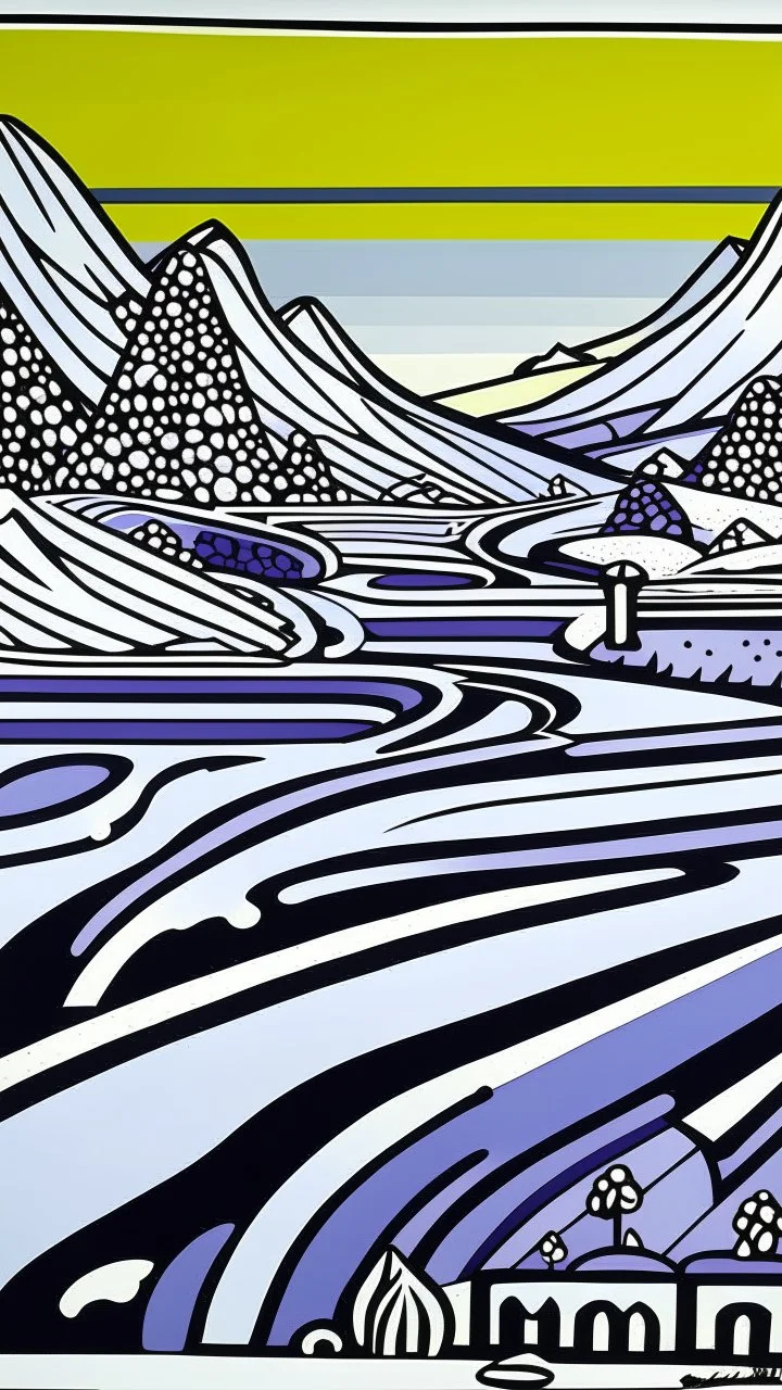 A light purple snowfield covered in ice designed in Mayan architecture painted by Roy Lichtenstein