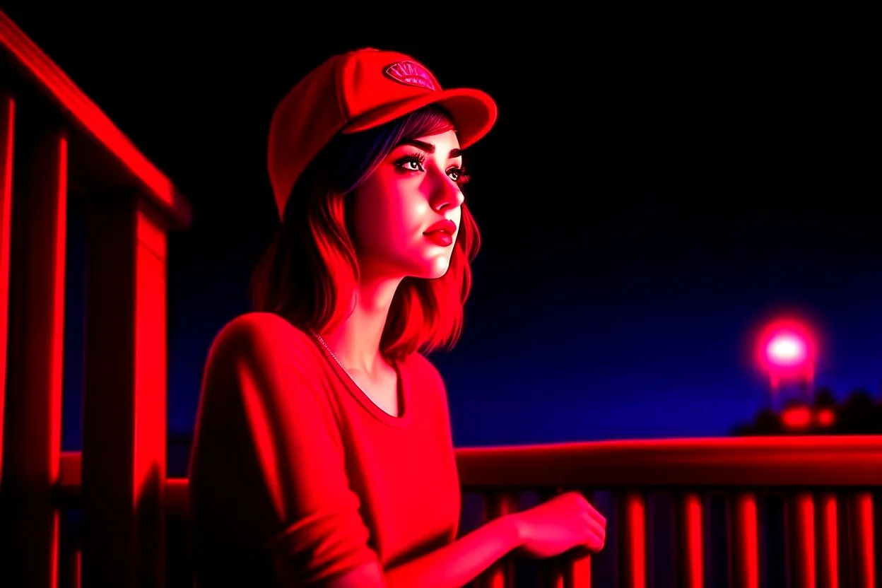 woman with a red baseball hat. leaning on a wooden balcony. night time. studio lightining. fantasy. surrealistic, anime