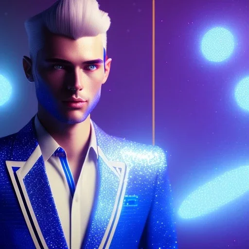 Handsome cosmic man, glitter blue and white suit with stripes, jewels, long blond hair, blue eyes, cinematic lights, octane render, unreal engine 5, 4k, focus details