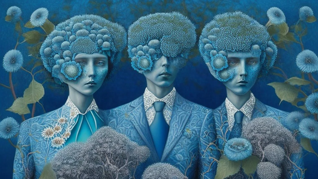 Surrealistic couple made out of blue coral that are wearing blue gray green iridescent tweed suits with paisley shirts and ties and have flowering plants on top of their heads