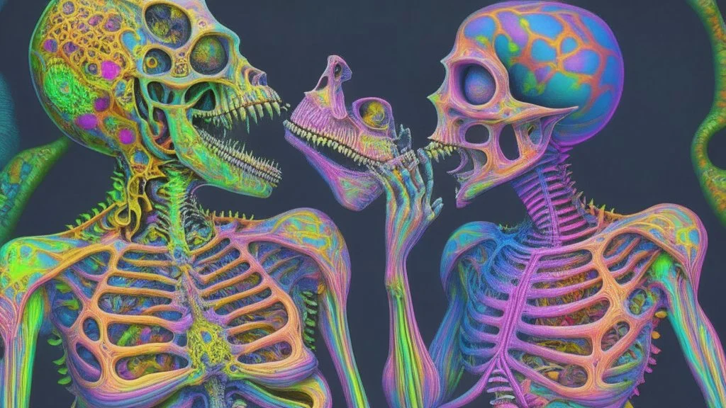 Surreal painting entitled "Homo Consumerist licks the Bufo alvarius"; A partially skeletonized Celebrity couple wearing clothes made out of bits and pieces of colorful items from their 5-meo-dmt trip; Neo-surrealism, psychedelic, iridescent