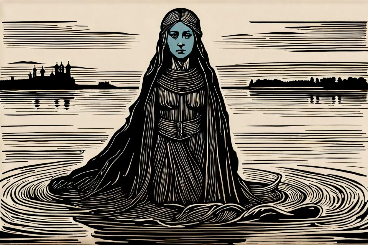 create a deeply powerful tragic, heart wrenching, and evocative, full body woodcut of the Arthurian, Lady of the Lake, with highly detailed and deeply cut facial features, in the style of KATHE KOLLWITZ , searing lines and forceful strokes