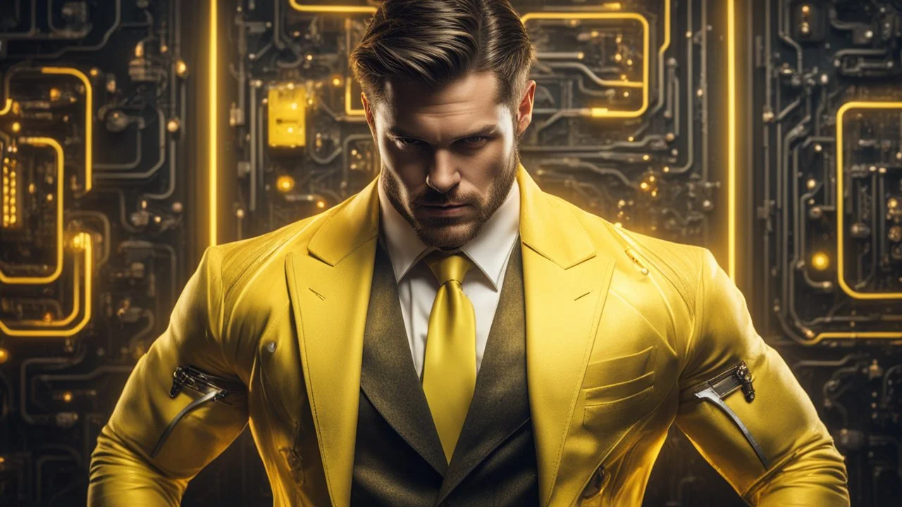 Hyper Realistic handsome muscular Electric-Superhero wearing fancy yellow tuxedo in a dark-rustic-circuit-room with electric-sparks & a massive circuit-board-wall