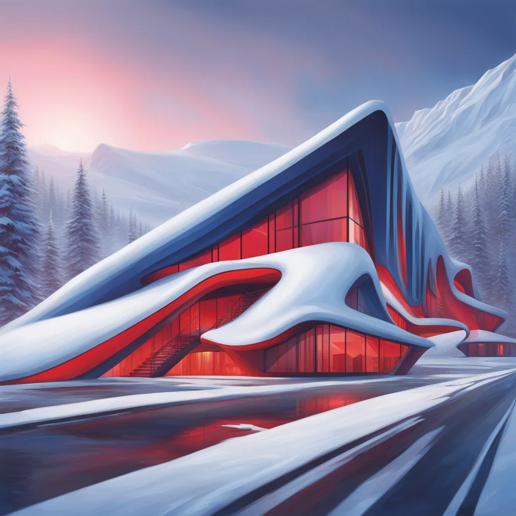 Zaha Hadid style snow hut, digital art, hyper-detailed, red and blue colors, 8k oil painting