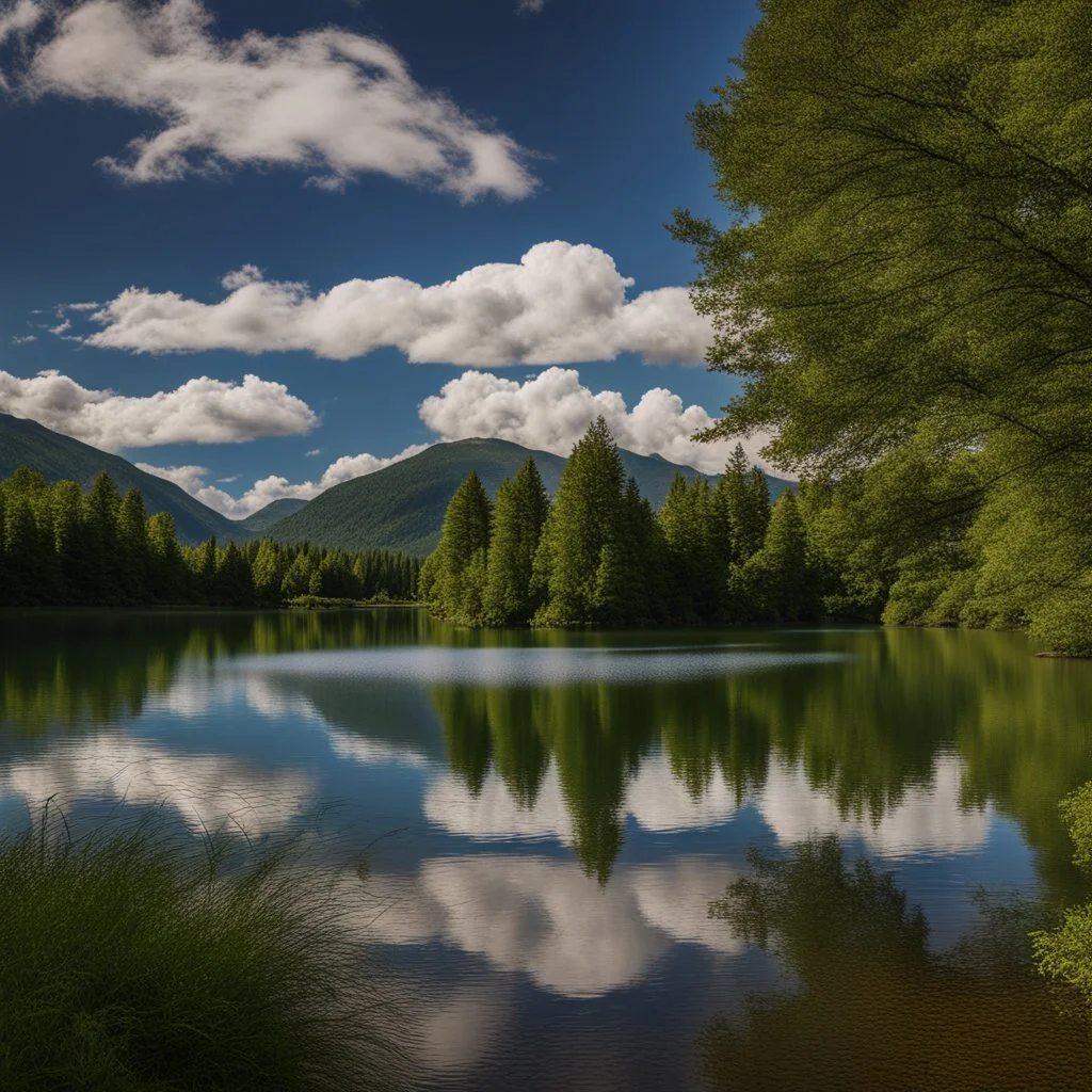An image of a clear blue sky with fluffy white clouds, reflecting in the calm waters of a serene lake surrounded by lush green trees and mountains in the distance.