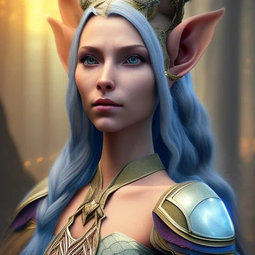 Abstract Portrait of a female wood elf diplomat. She has an angry facial expression. She has long, curled, white hair shaved on the right side and blue eyes. She has rough copper skin with yakuza tatu, atmospheric, realistic, unreal engine cosmic galactic, cinematic lighting, octane render, random colors, transparent, cosmic ambiance, masterpiece, art by Yoji Shinkawa, composing fit inside, masterpiece