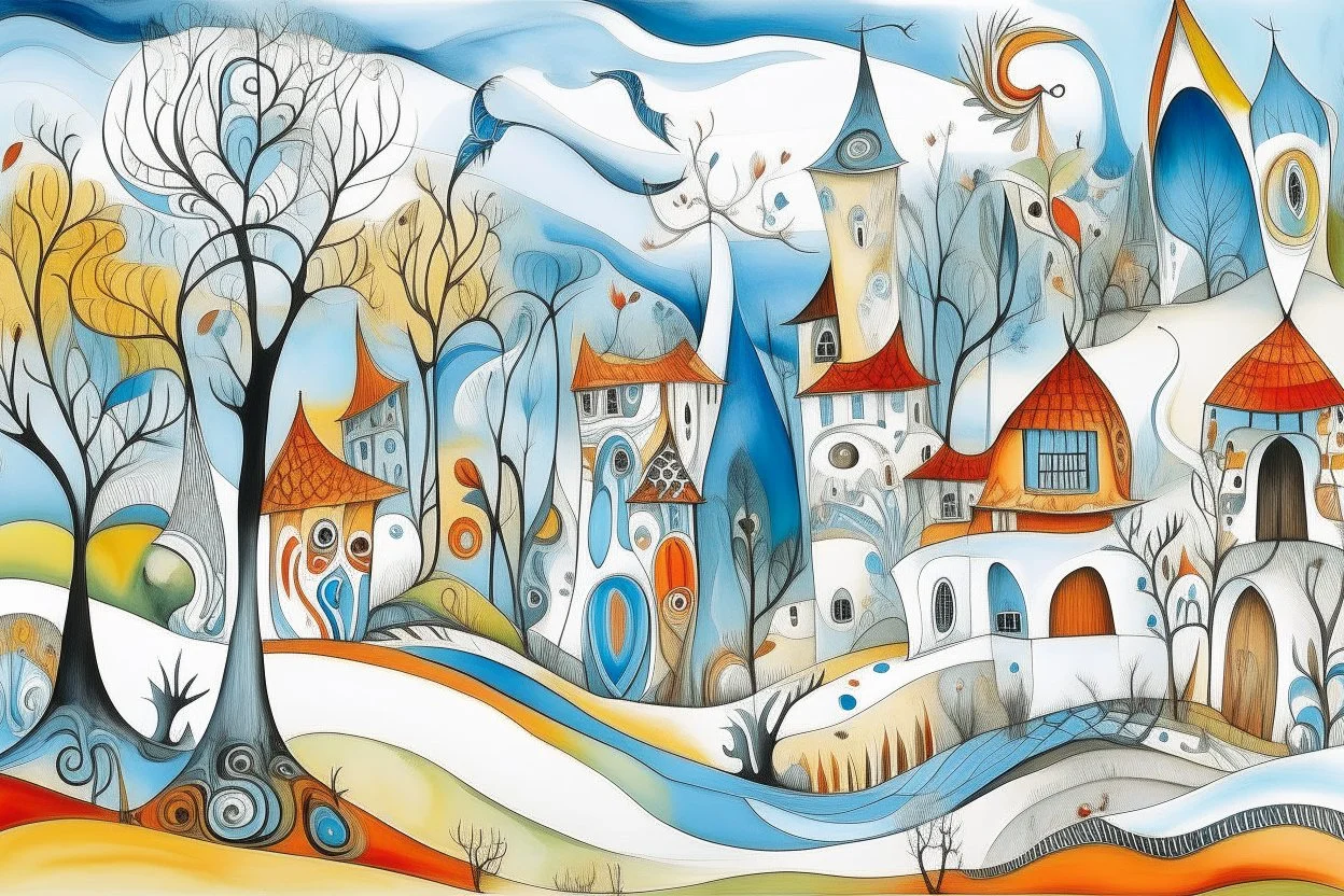 A white wispy realm with fantasy houses designed in Australian aboriginal art painted by Pablo Picasso