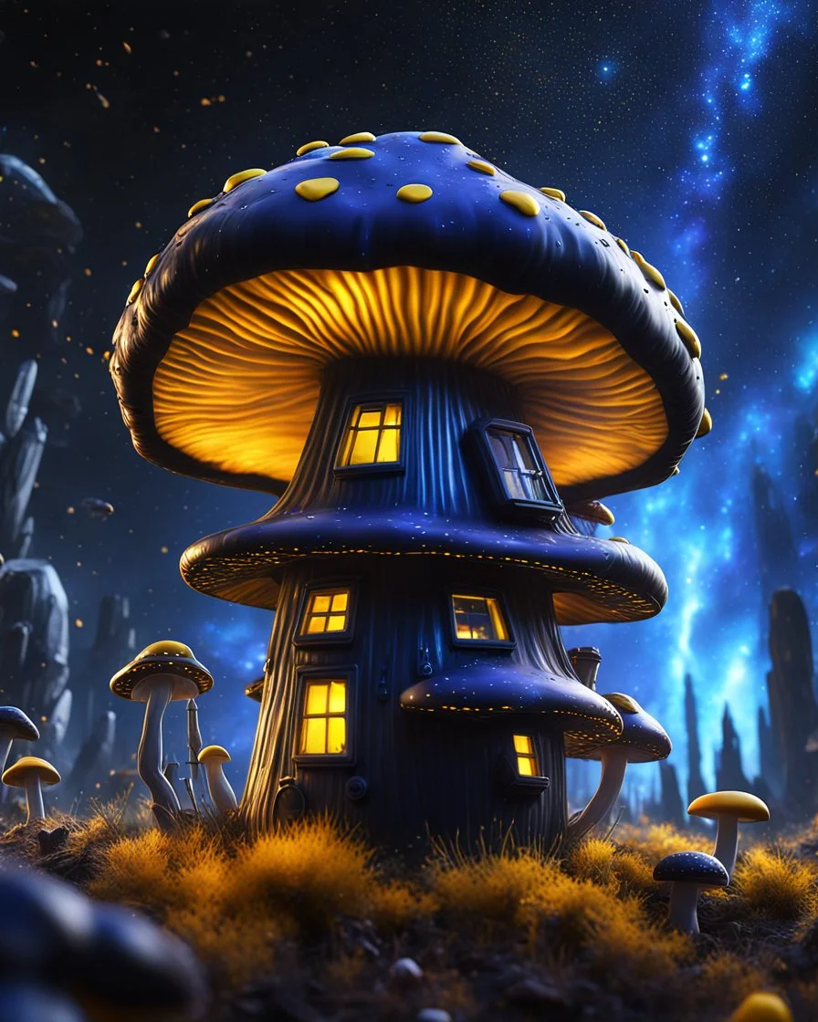 A weird floating mushroom house in galactic space. black blue yellow and white, Dark cosmic interstellar. Detailed Matte Painting, deep color, fantastical, intricate detail, splash screen, hyperdetailed, insane depth, concept art, 8k resolution, trending on Artstation, Unreal Engine 5, color depth, backlit, splash art, dramatic, High Quality Whimsical Fun Imaginative unusual, good composition