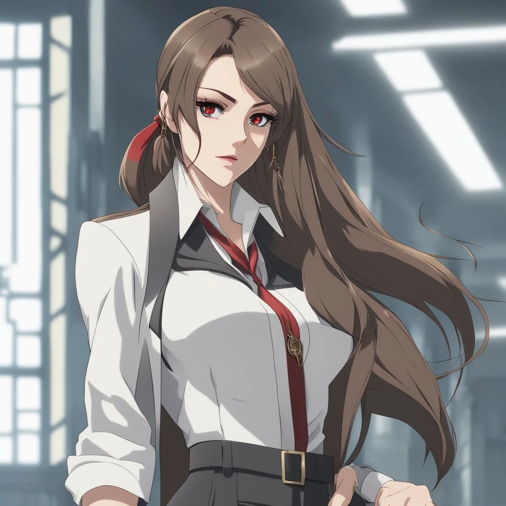 An Arrogant-Looking Young Woman With Pale Skin, Red Eyes, And Long Brown Hair Pulled Up In A Single, Straight Ponytail. She Is In The Mafia. An Air Of Malevolent Power Surrounds Her. Anime Style, High Definition, Greg Rutkowski, 8k Resolution, Intricate Details