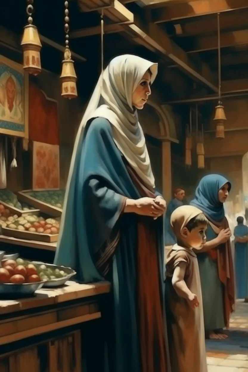 oriental arabic woman with child standing in market looking at a table painting neoclassism from the side vieuw