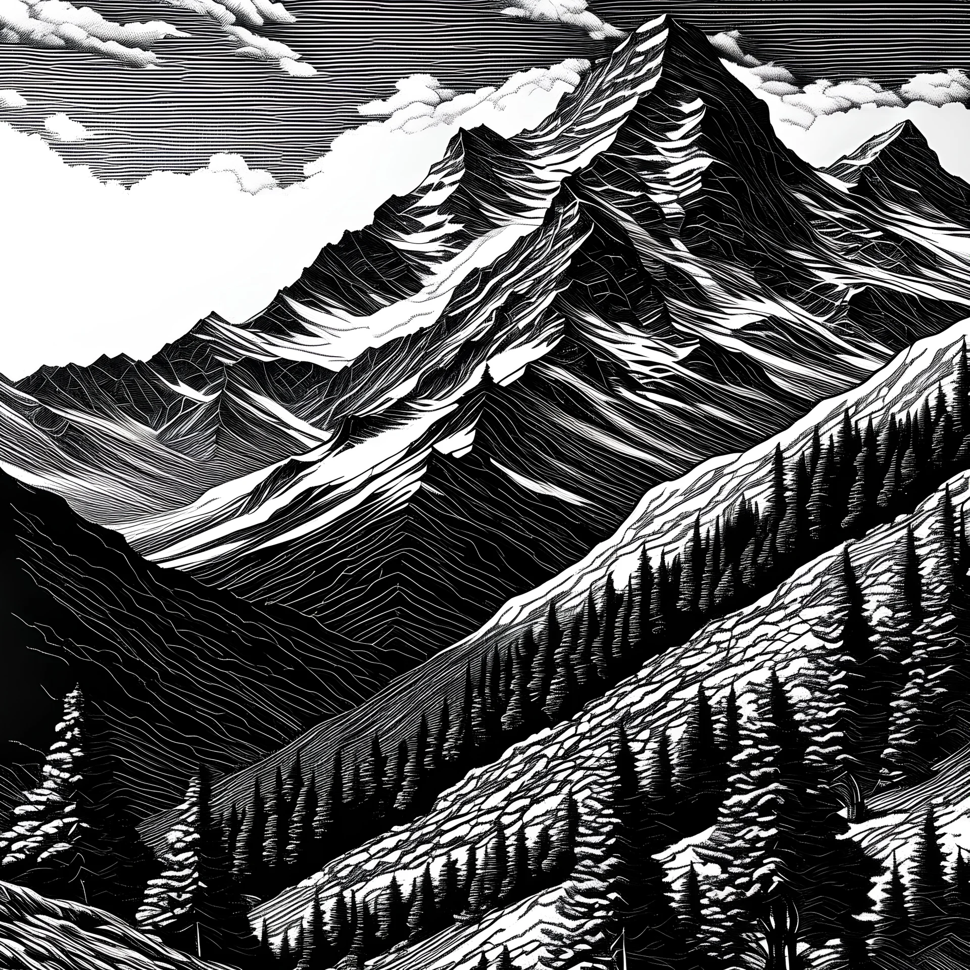 Swiss mountains, engraved art, black and white
