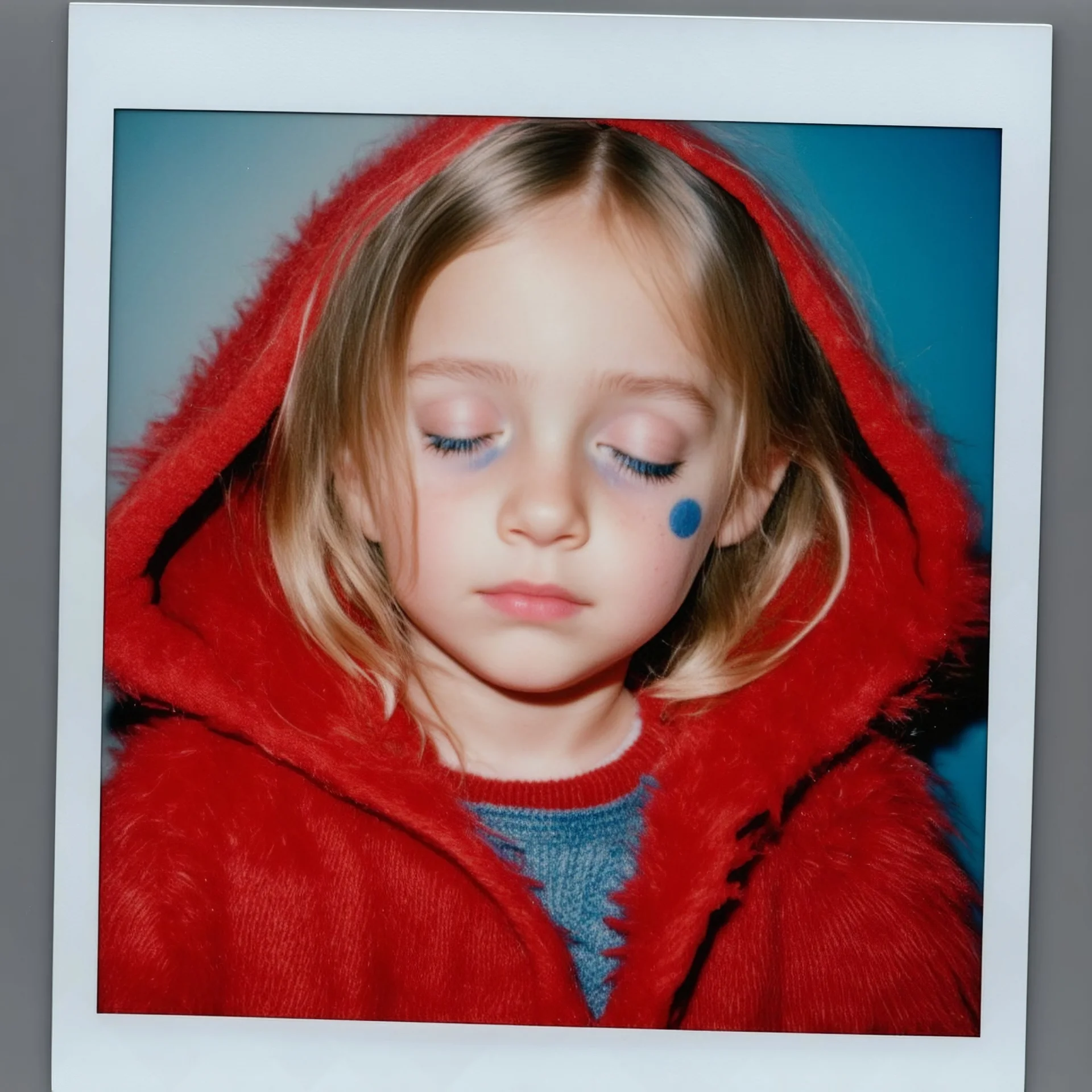 Lily rosedepp enfant,avec un long pull a capuche en angora rouge jusquaux, polaroid, elle a les yeux fermés et les joues bleues, , des grains de beauté, dessin au crayon de papier