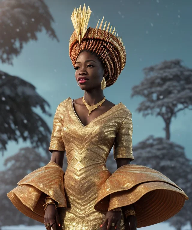 a fancy portrait of a snow african Queen by Greg Rutkowski, Sung Choi, Mitchell Mohrhauser, Maciej Kuciara, Johnson Ting, Maxim Verehin, Peter Konig, kente, 8k photorealistic, cinematic lighting, HD, high details, dramatic, atmosphereric, trending on artstation