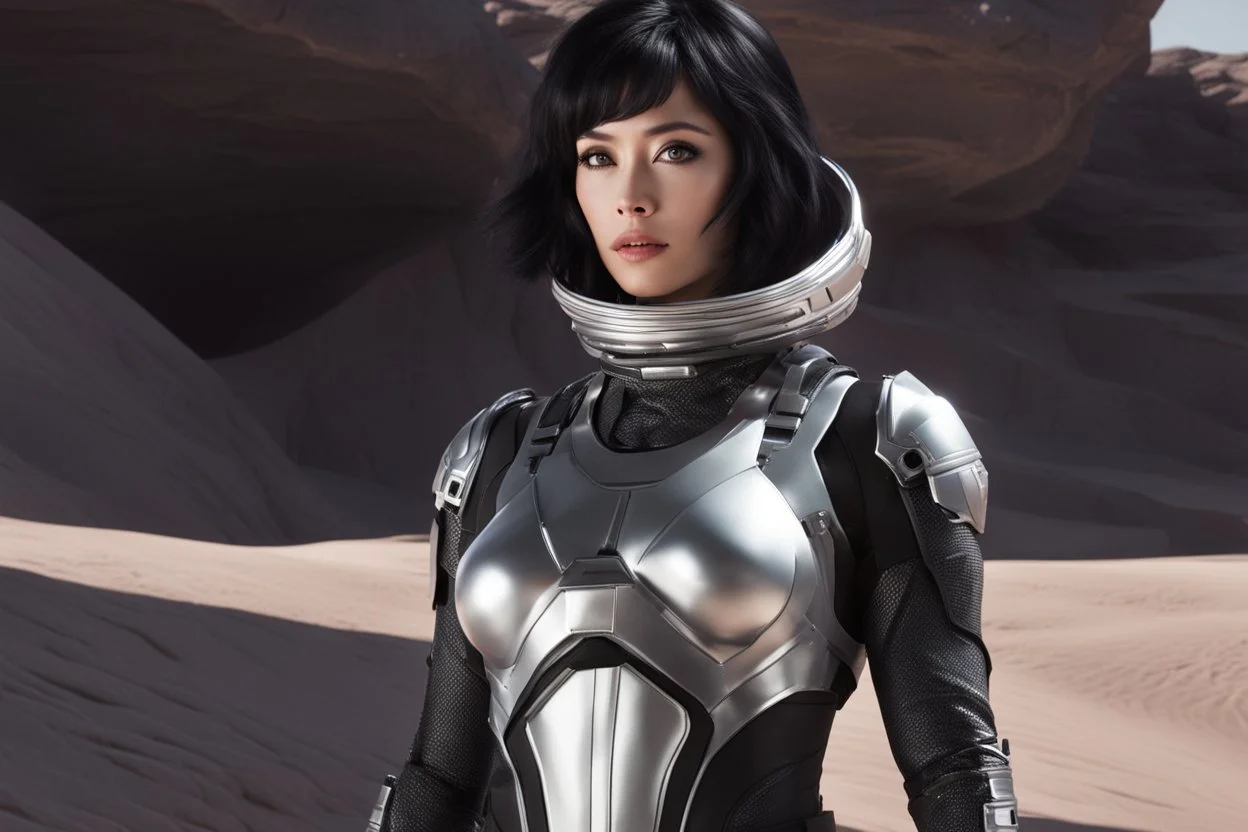 Photo of a Sci-fi woman, with black hair, wearing a silver and black spacesuit looking like an android, on an alien planet