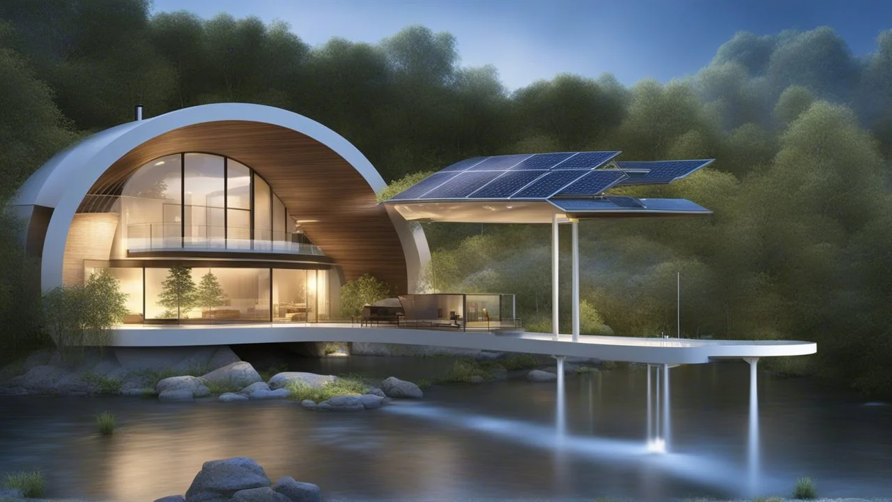 2031. Innovative environmentally-friendly happy home, solar panels, water wheel in river, alternative energy, wind turbines, scientific experiment, home of the future, amazing curved geometric architecture, fantasy, robotic, magic, automated, spectacular, futuristic, practical, beautiful lighting, attractive composition, photorealistic, extremely detailed, chiaroscuro, award-winning photograph