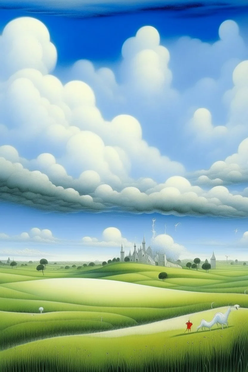 A white grasslands near a kingdom in the cloudy sky painted by the Limbourg brothers