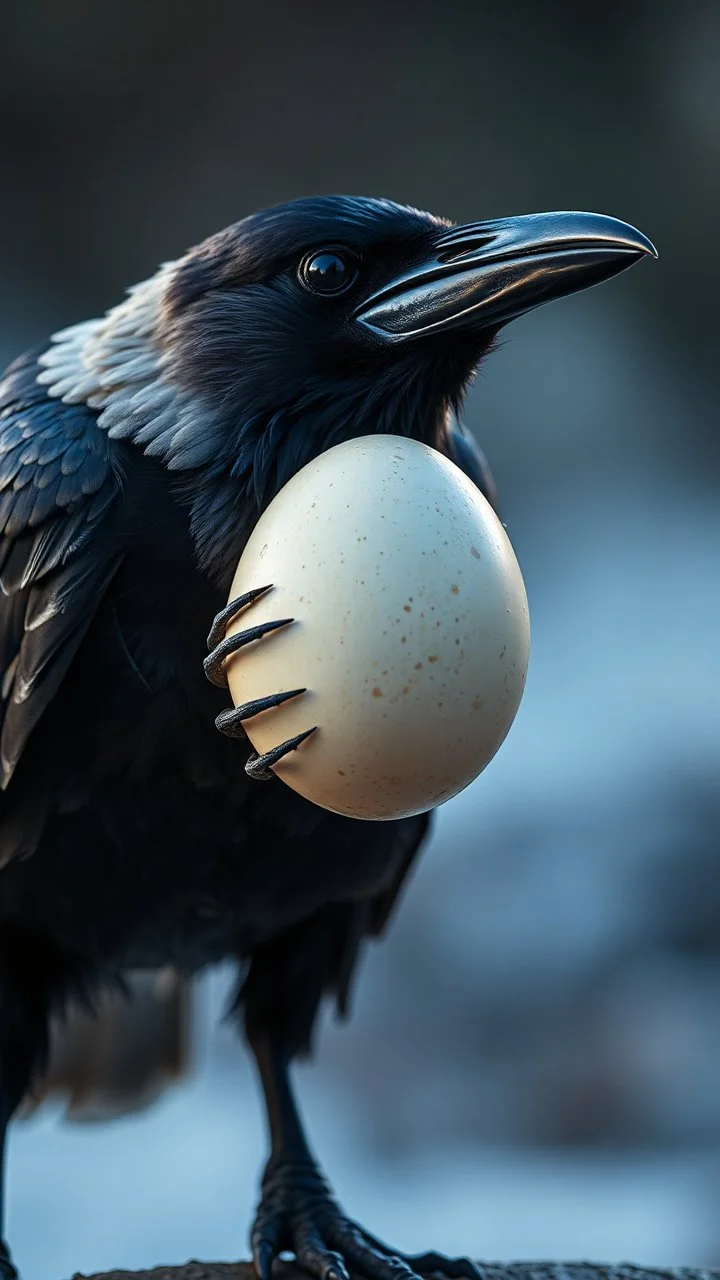 a crow hold in his mouth an egg, realistic , pro photography , high quality, and cinematic scene