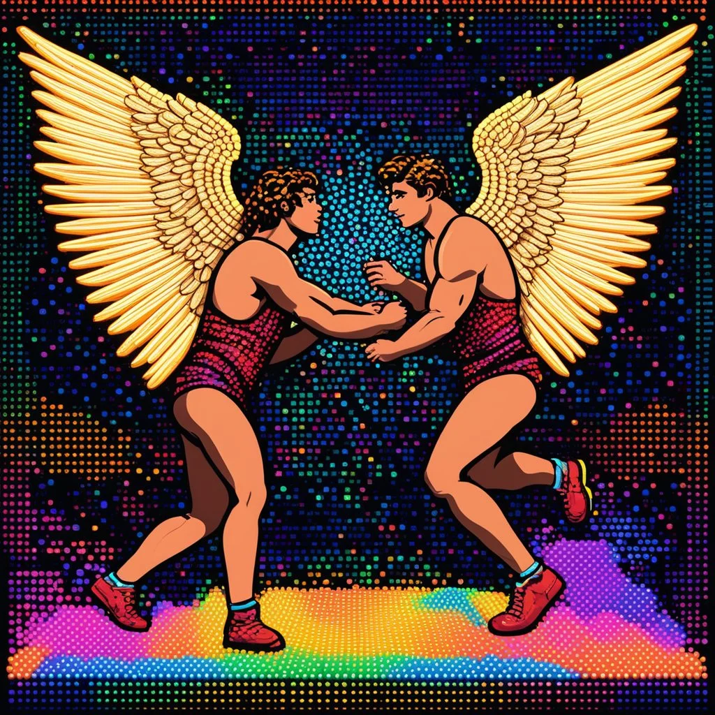 [style is lite brite art, luminous and colorful designs, pixelated compositions, retro aesthetic, glowing effects, creative patterns, interactive and playful, nostalgic charm, vibrant and dynamic arrangements] Jacob wrestling with angel