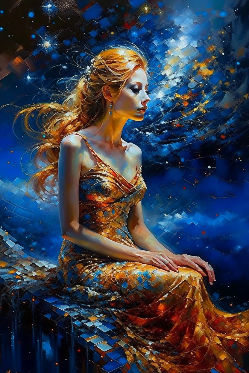 the night sky, she awaits with anticipation, Karol Bak UHD,, Pino Daeni and Dan Mumford, exquisite rendering, style of Leonid Afremov, Mario Sanchez Nevado. Modifiers: intricate very attractive beautiful award winning ultra detailed colourful high energy