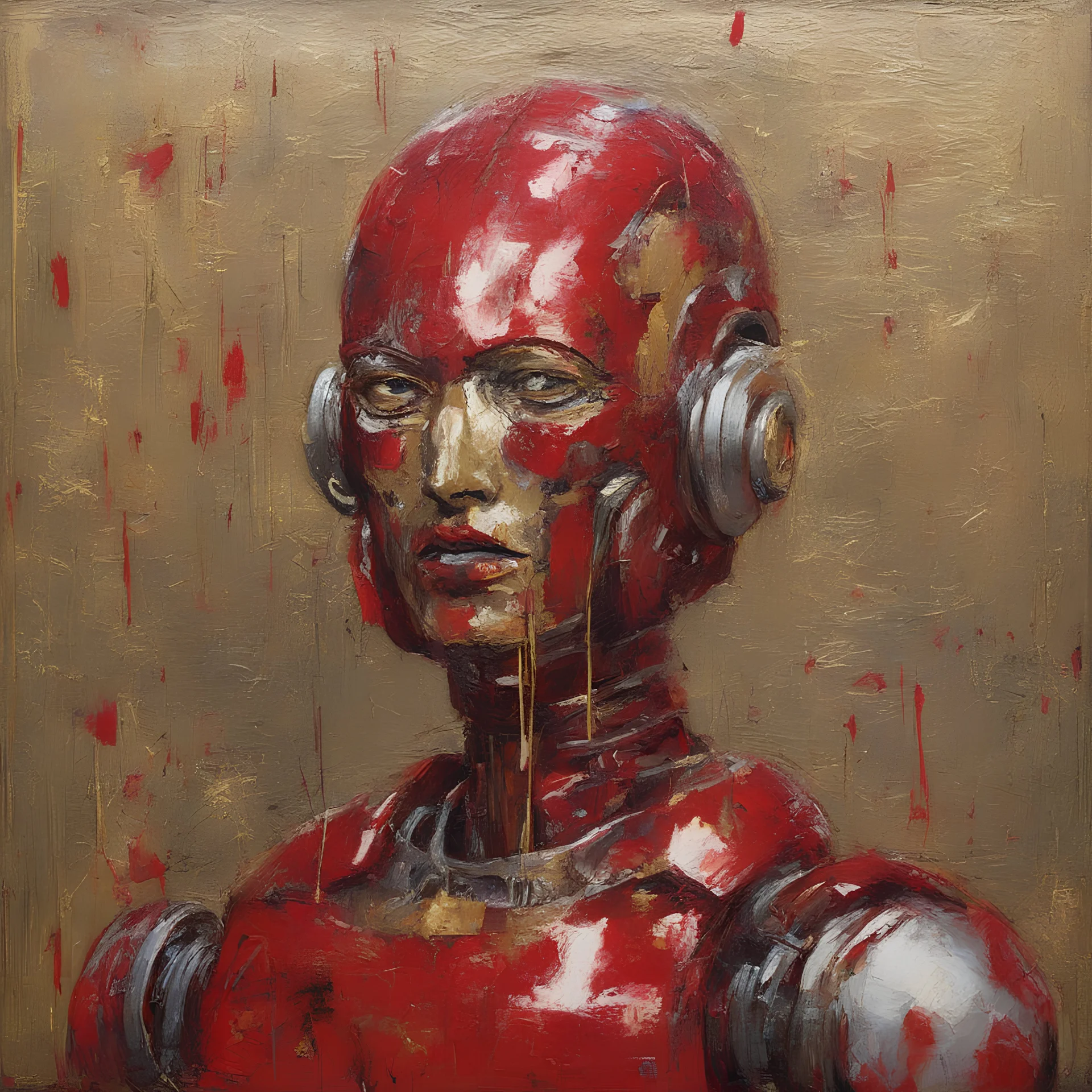 Tableau rouge, peinture au couteau, à l'huile feuilles d'or, robot