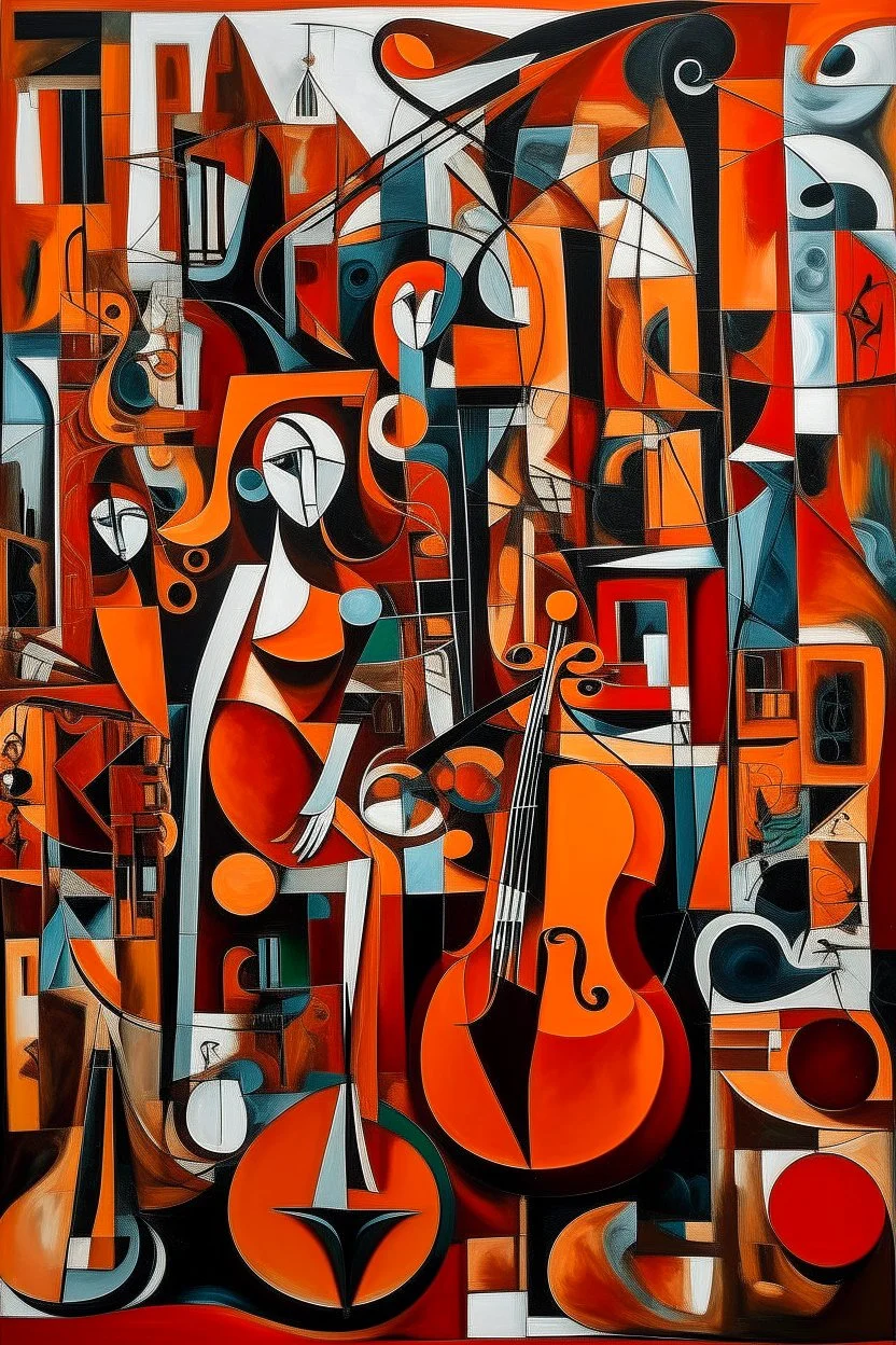 A dark orange color metropolis made out of jazz instruments painted by Pablo Picasso