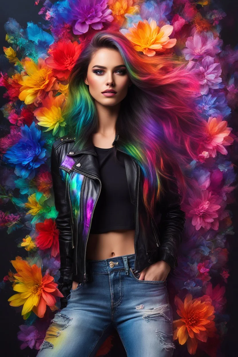 Close up Gorgeous Realistic Photography Super Model European Beautiful young woman,hair colors rainbows as Rocker with clothing abstracts flowers luxury casual leather jacket and levis jeans dressing painting art neons rainbow colors glowing in the dark and colorful details, light leaks boleh colors,flowers background