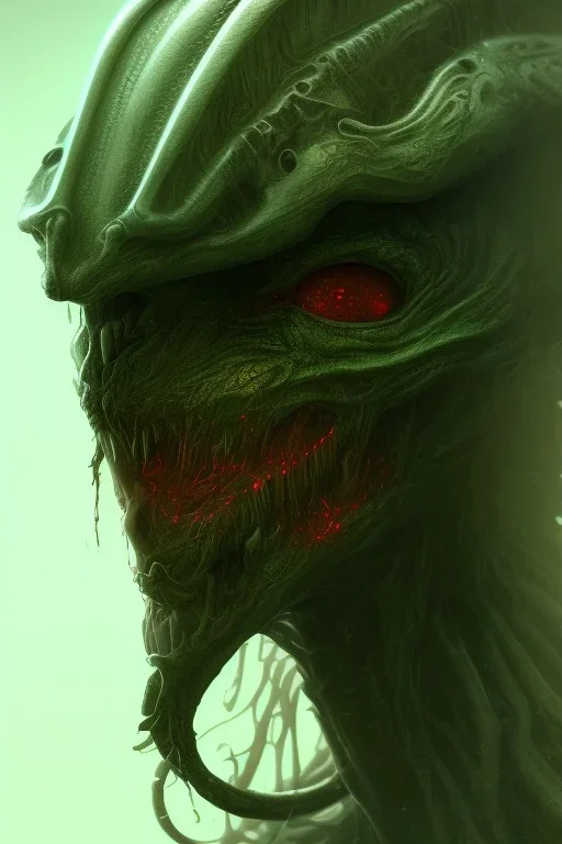 green alien, head, evil, red eyes, big silver teeth, weapons, blood, 8k, finely detailed, photo realistic, HR Giger style