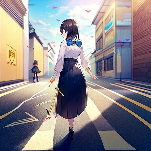 anime girl walking down a yellow brick road, shooting a recurve bow with arrow , road signs, arrows, direction into the street, back facing