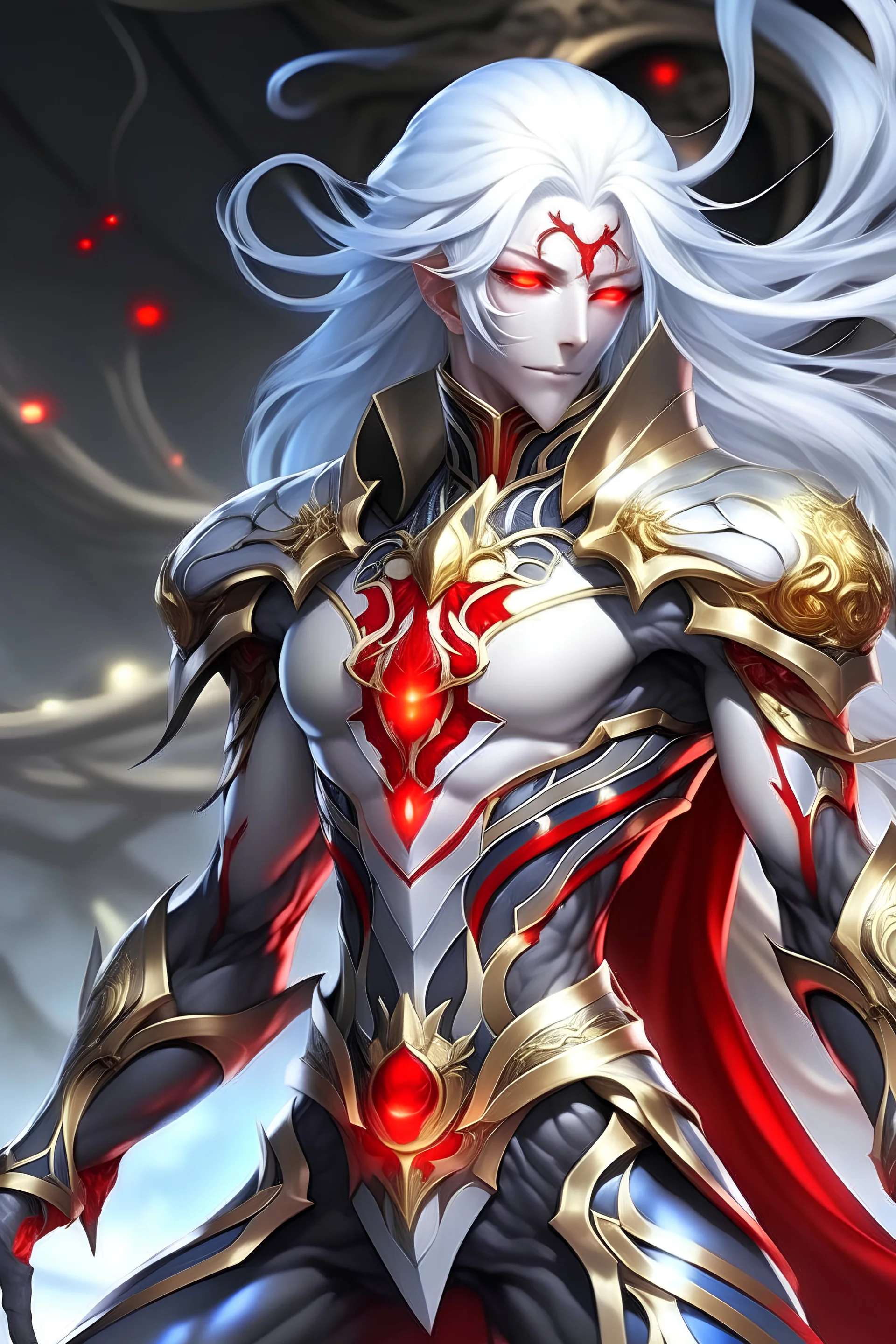 An alien with An all red skin, shining white hair ,white eye and black and gold costume with a normal muscular build capable of taijutsu by artist "anime", Anime Key Visual, Japanese Manga, Pixiv, Zerochan, Anime art, Fantia