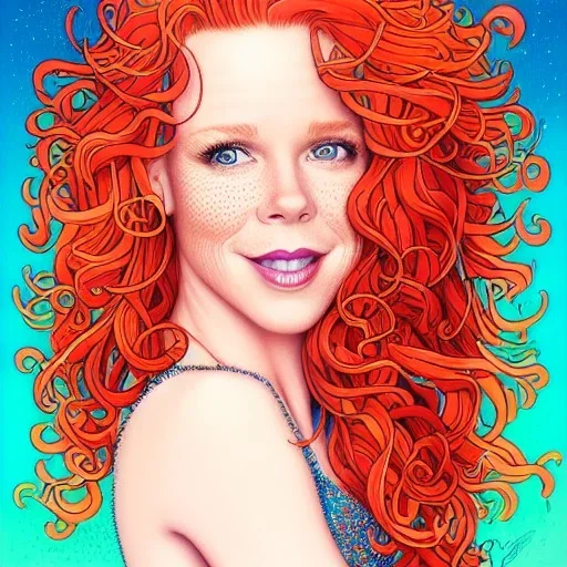 Robyn Lively, her striking perfectly detailed clear eyes, her perfect, precisely detailed lightly freckled face, meticulously detailed long curly multi-hued ginger carrot cherry fire red hair, luminous colorful sparkles; by james r. eads, gawki, rajewel, tania rivilis, dan mumford, lisa frank, artgerm, greg rutkowski, alphonse mucha and william-adolphe bouguereau; glitter, airbrush, octane render, volumetric lighting, 16k, photorealistic digital painting, artstation, smooth, sharp focus