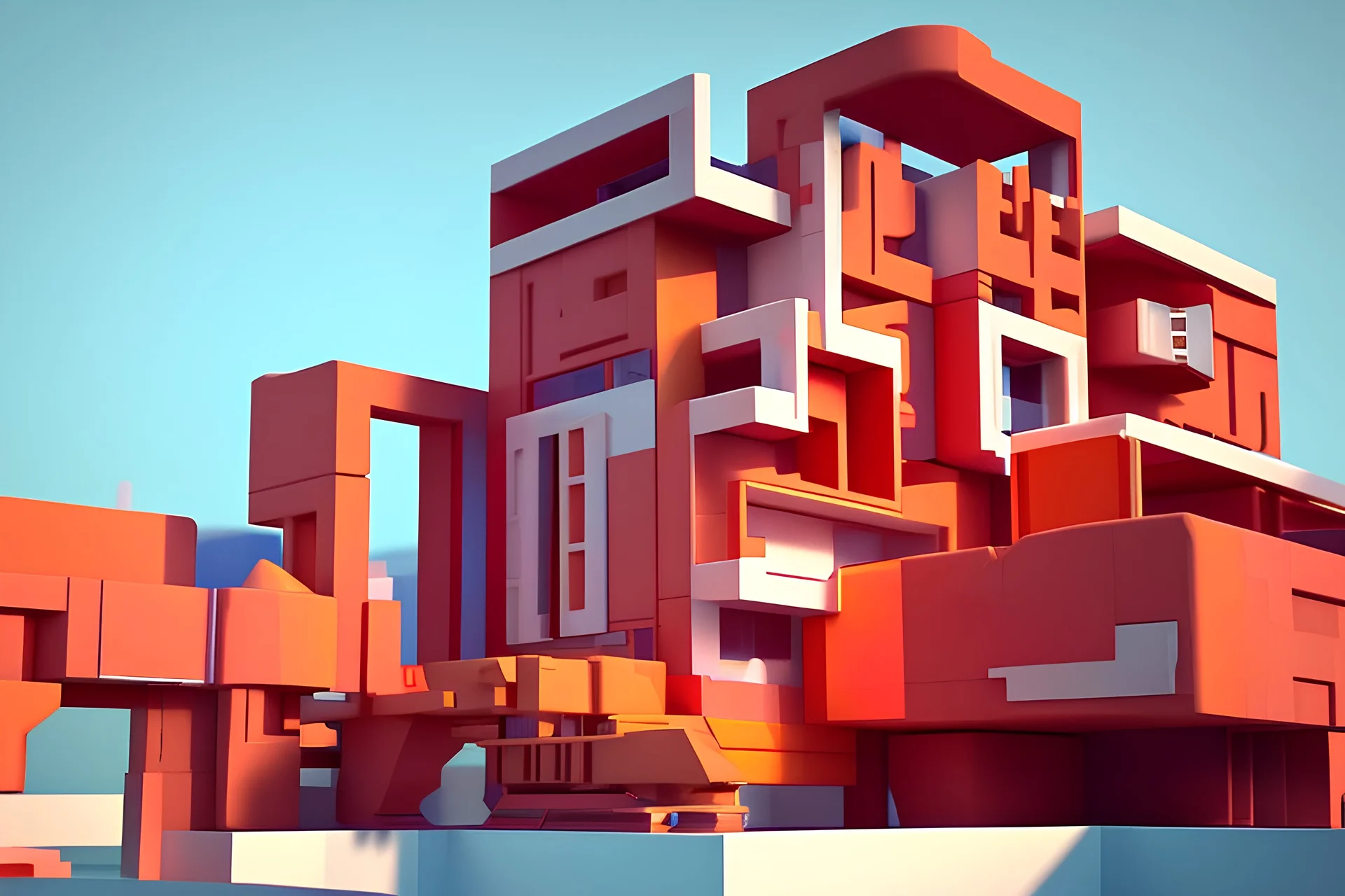 geometric hotel of the future in abstract 3d peach red and orange