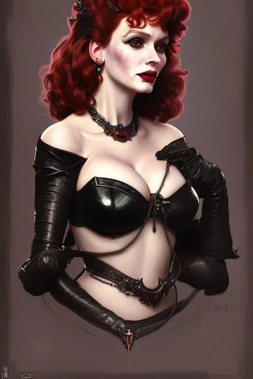 painting of christina hendricks as evil queen in black leather, feminie, angry, volouptous, busty, cleavage, emperious, mature, highly detailed, digital painting, artstation, concept art, smooth, sharp focus, illustration, art by gaston bussiere and alphonse mucha