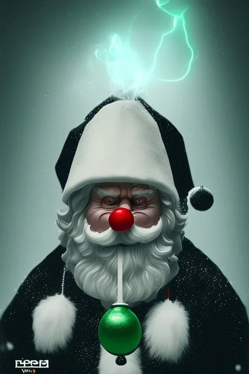 All Black Santa, ghost, wearing green mask, white smoke, red, rage, high definition, ultra 8 k, volumetric lighting, blue fire, rain