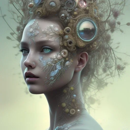 Portrait of beautiful girl, face dept of field,face shining, plant, metal, feathers,central weight average, CWA Dryad, fae, sidhe, ominous, nature, plants, wildflower sparkle,wildflower 3d view, facepaint, dnd character portrait, intricate, oil on canvas, masterpiece, expert, insanely detailed, 4k resolution, retroanime style, cute big circular reflective eyes, cinematic smooth, intricate detail , soft smooth lighting, soft pastel colors, painted Renaissance style,sharp fucus, bokeh,