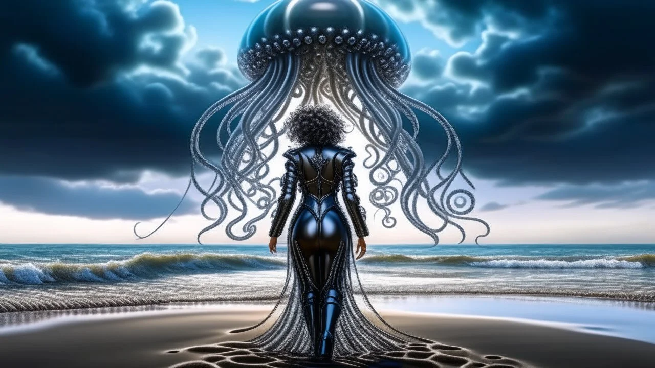 Wide-angle shot of a woman, standing to one side on a beach with huge waves, with dark hair in a silver robotic catsuit, many large jellyfish shaped like mushrooms with tentacles floating in the air, masterpiece, best quality, super detailed