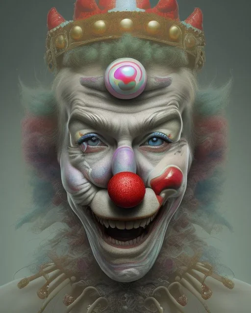 head and shoulders portrait of a clown with multiple eyes, face paint, jester hat, sad expression, Takato Yamamoto artist, Akiya Kageichi artist, Jedediah Berry inspired, 8k resolution concept art portrait, dynamic lighting, hyperdetailed, intricately detailed, maximalist, beautiful, creepy