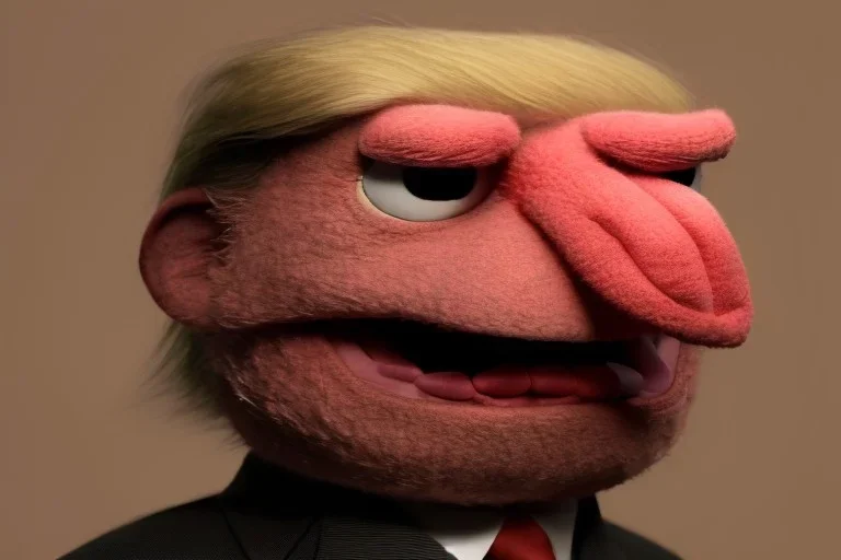 Angry muppet trump in suit, no tongue, looking forward, face, Short puffball nose