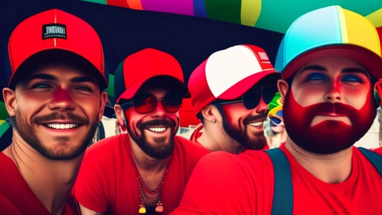 many men wearing red trucker hats enjoy the pride parade