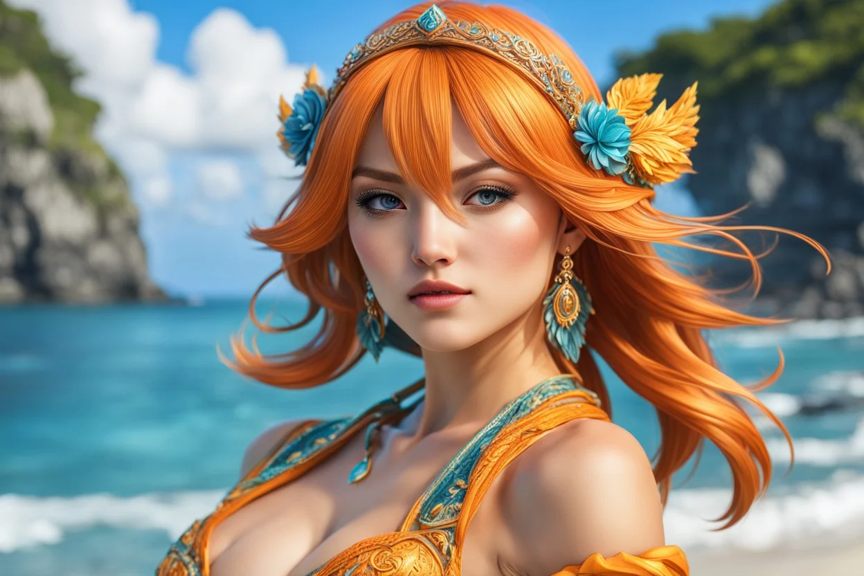 Hot Nami in 8k live action artstyle, beach custom, dynamic pose, intricate details, highly detailed, high details, detailed portrait, masterpiece,ultra detailed, ultra quality