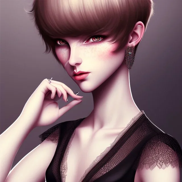 Russian boyish boylike female figure short man's haircut boyish face boyish features in black girlish lacy cocktail dress earrings in restaurant