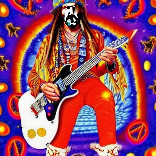 hippie JIMI HENDRIX Santa playing electric guitar, psychedelic, peace sign, MUSHROOMS, TRIPPY, ACID, LSD, dreadlocks