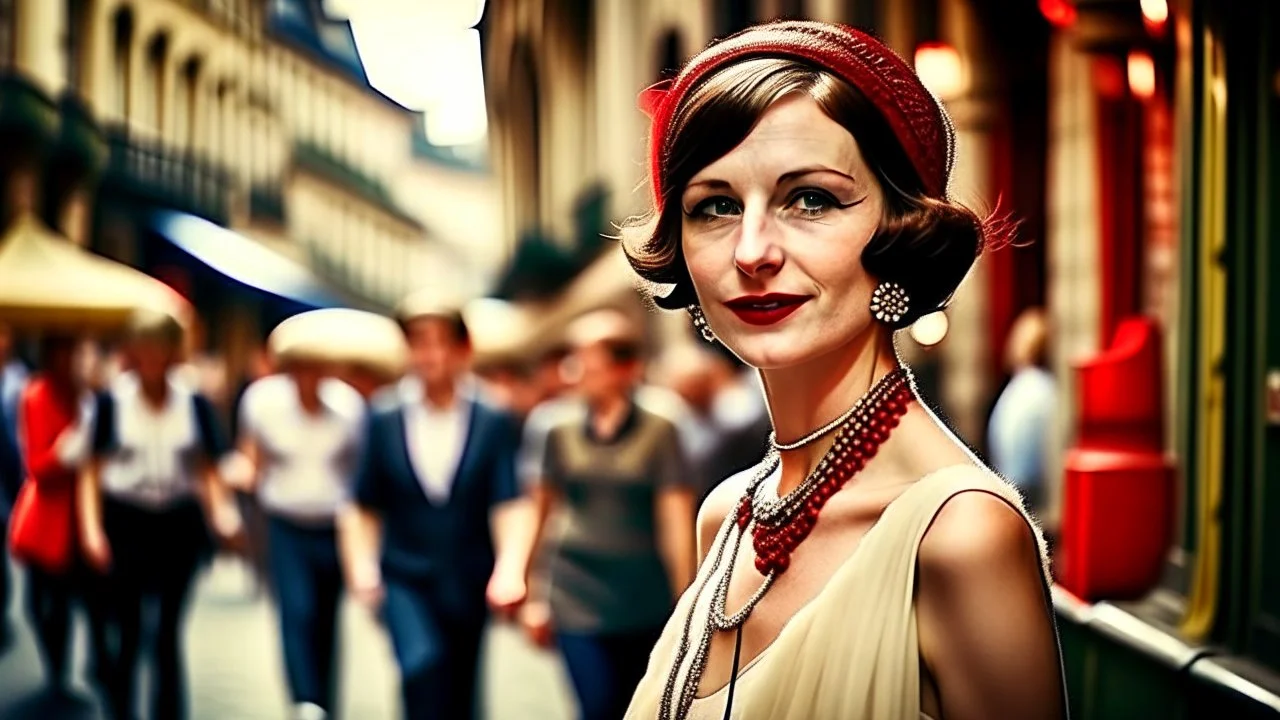 A woman in a beautiful 1920s flapper dress, standing in a busy street of Prague, Czech Republic, surrounded by iconic Baroque architecture, contrasting vintage feel with modern hustle, vibrant colors, classic red lipstick, feathered headband, captured in a dynamic shallow depth of field with a tilt-shift lens, cinematic lighting reminiscent of classic Hollywood films, vintage film grain overlay for a timeless aesthetic