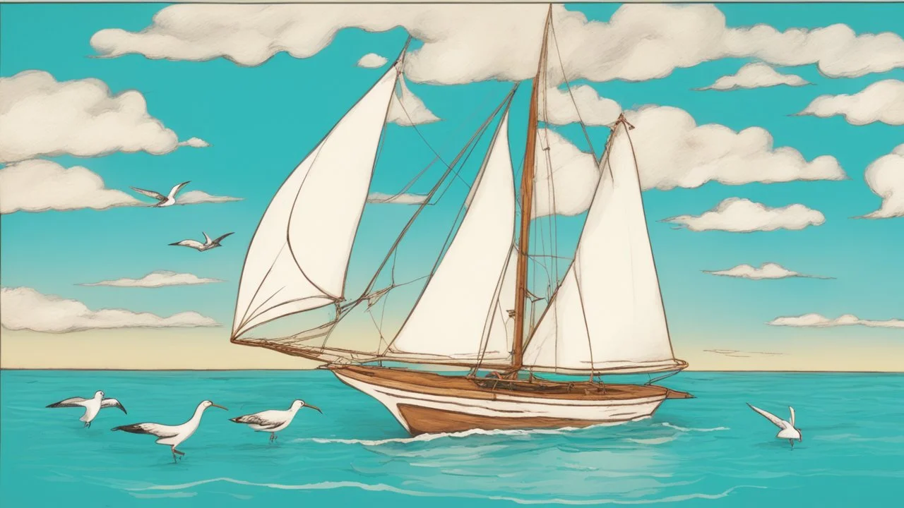 A small, brightly colored sailboat with a billowing white sail cuts through a turquoise ocean. The wind fills the sail, causing the boat to lean slightly. In the distance, fluffy white clouds drift across a clear blue sky. Seagulls soar overhead, their calls echoing in the air. A majestic brown pelican with a large pouch full of water flies gracefully above the boat. The image evokes a sense of calm adventure, the refreshing scent of the ocean breeze, and the abundant wildlife.